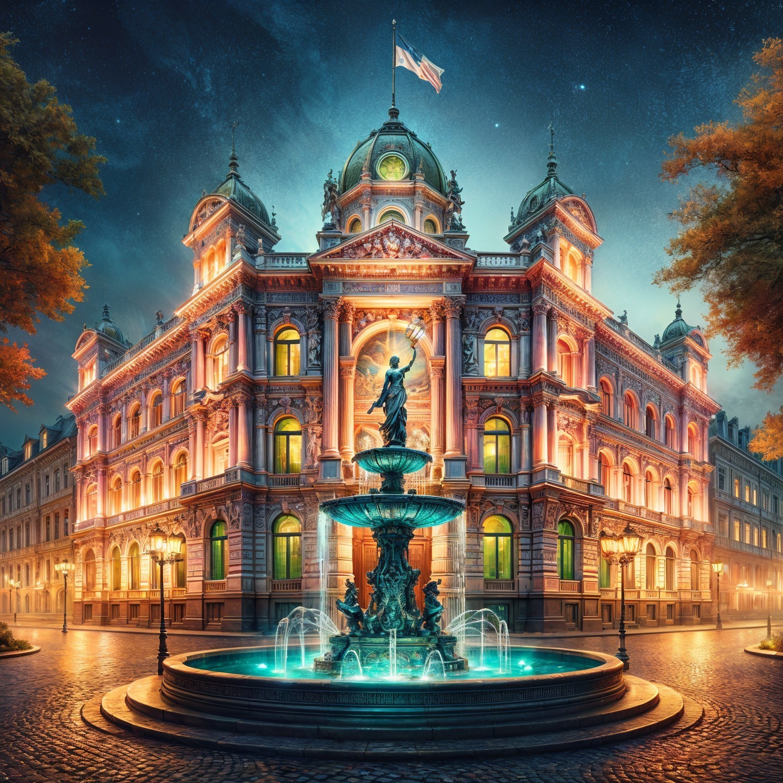 Illuminated Grand Building with Fountain at Night