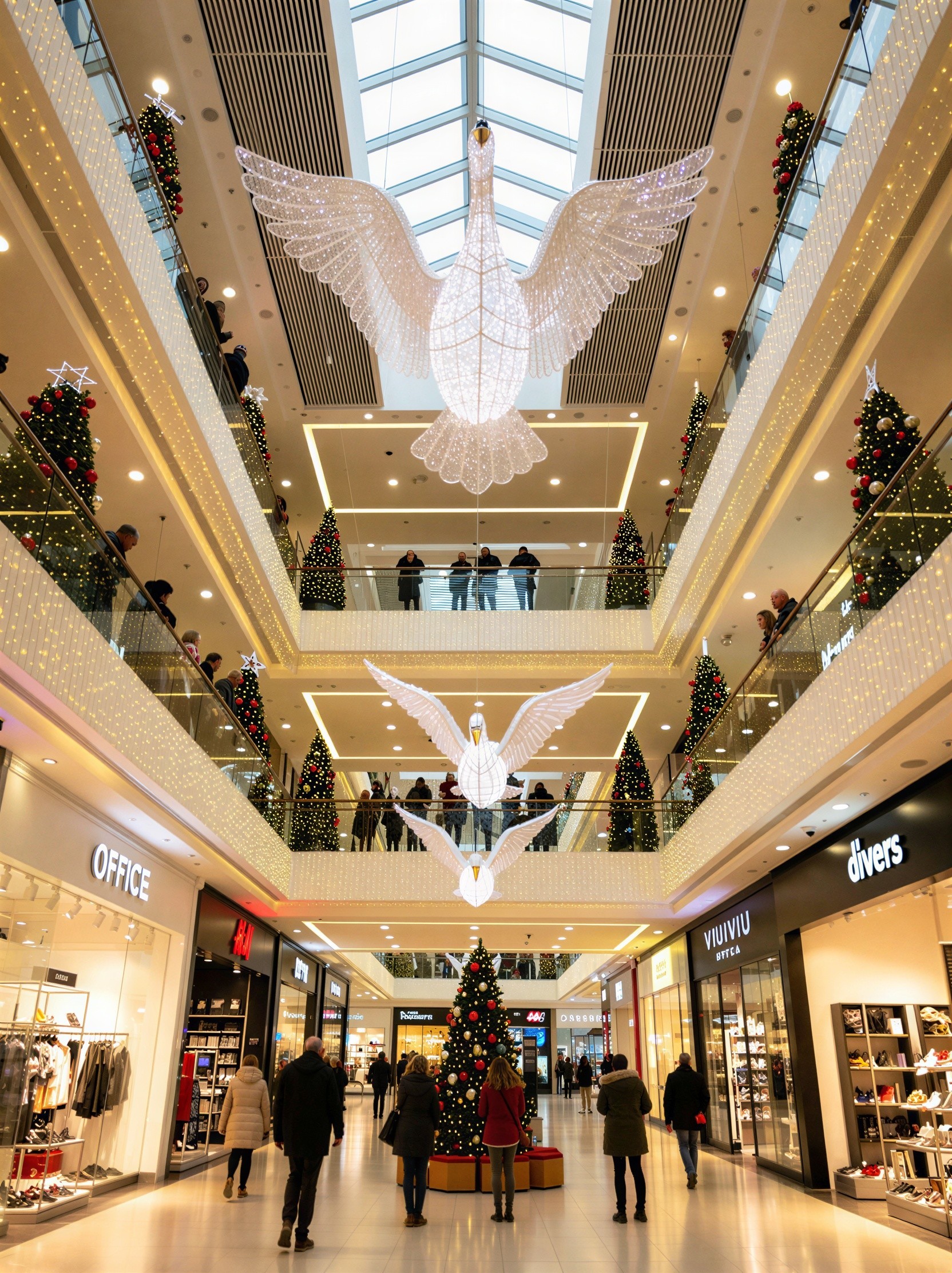 Brightly Lit Christmas Mall with Decorated Swans and Trees