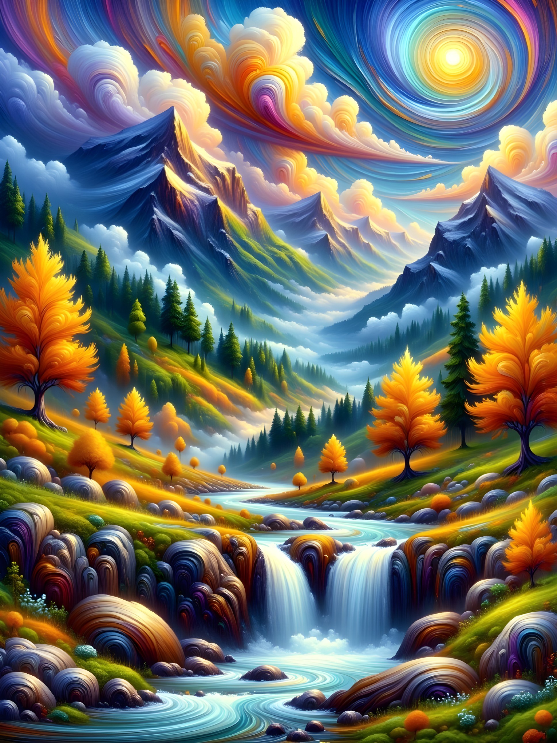 Vibrant Landscape with Surreal Mountains and River