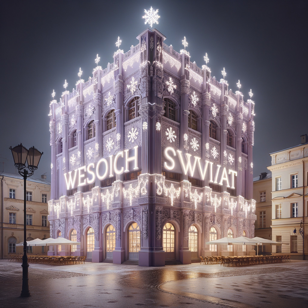 Grand building with holiday lights in town square