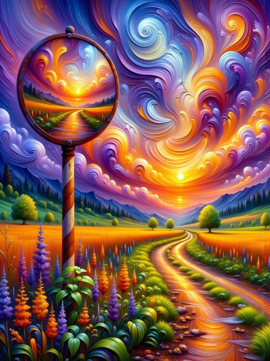 Vibrant Landscape with Winding Road and Sunset Sky