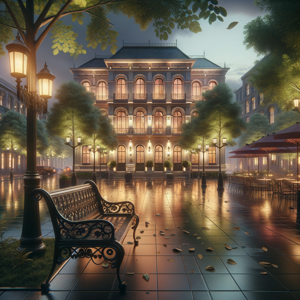 Illuminated building in a cozy autumn plaza setting