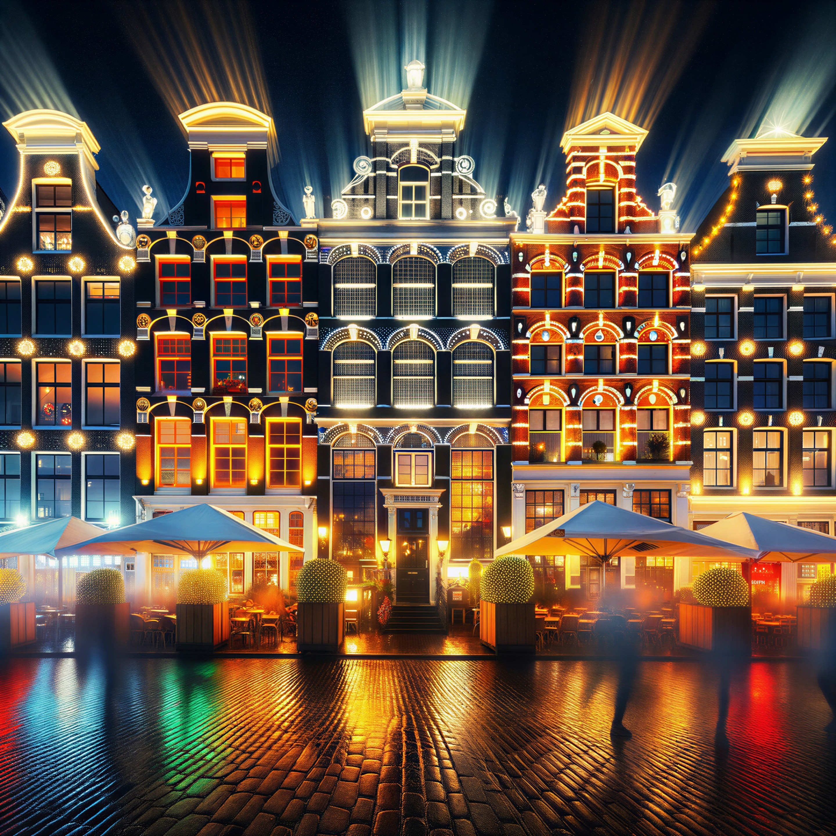 Dutch Canal Houses at Night with Illuminated Facades