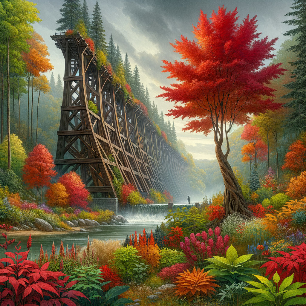 Autumn Landscape with Wooden Trestle Bridge and Foliage