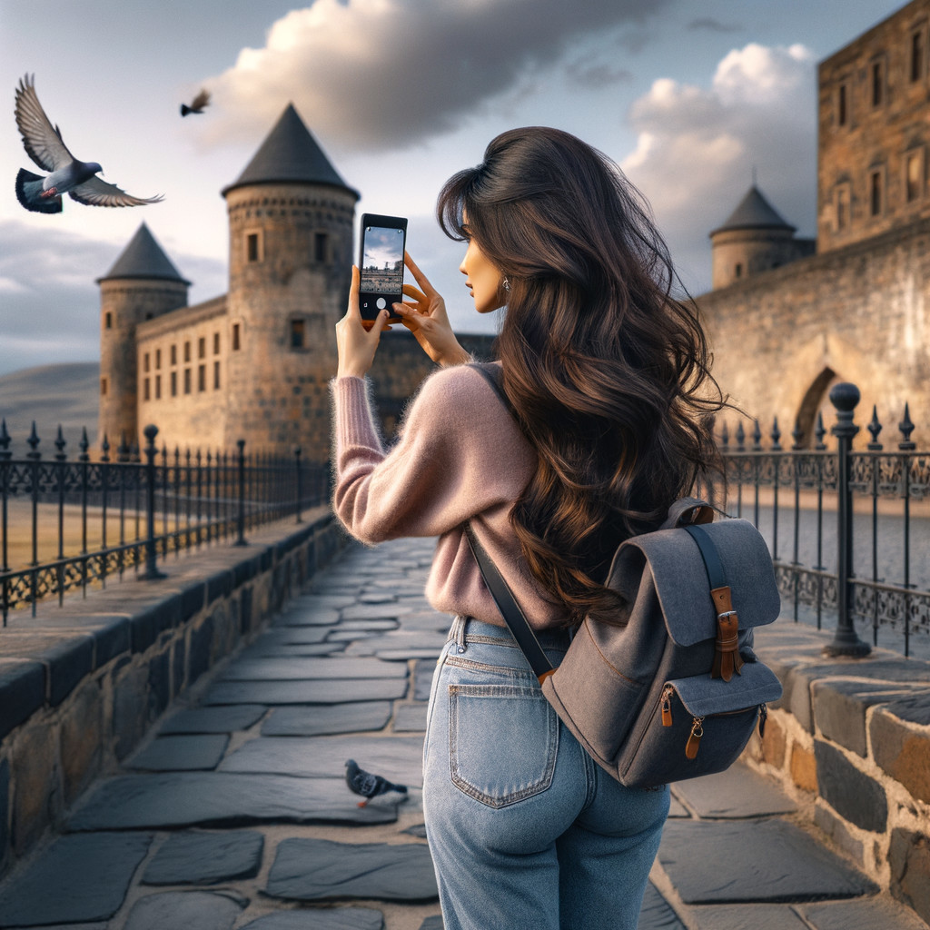 Young woman on cobblestone path with castle backdrop