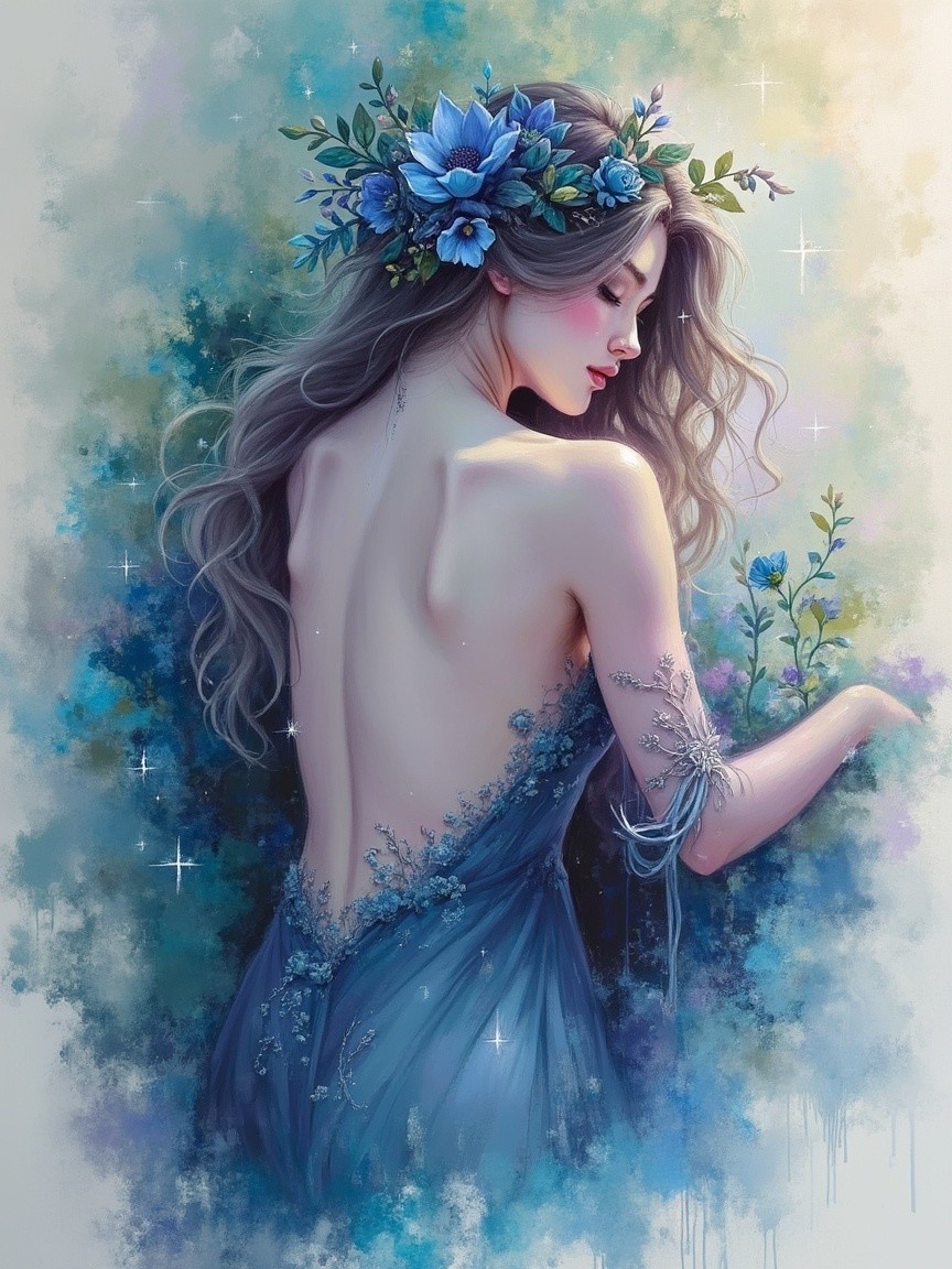 Ethereal Woman in Floral Crown and Soft Blue Gown