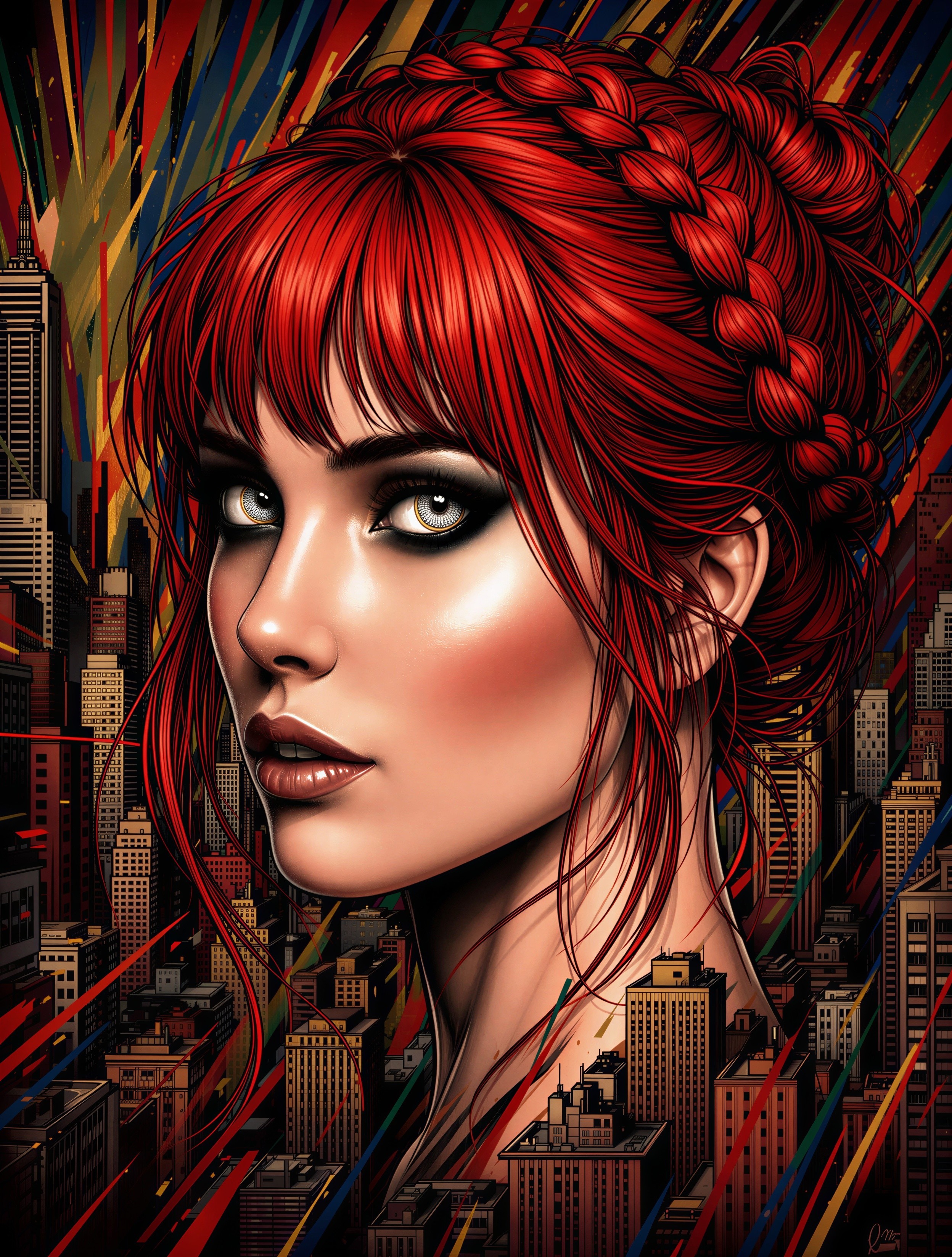 Close-up of a woman with red hair in urban setting
