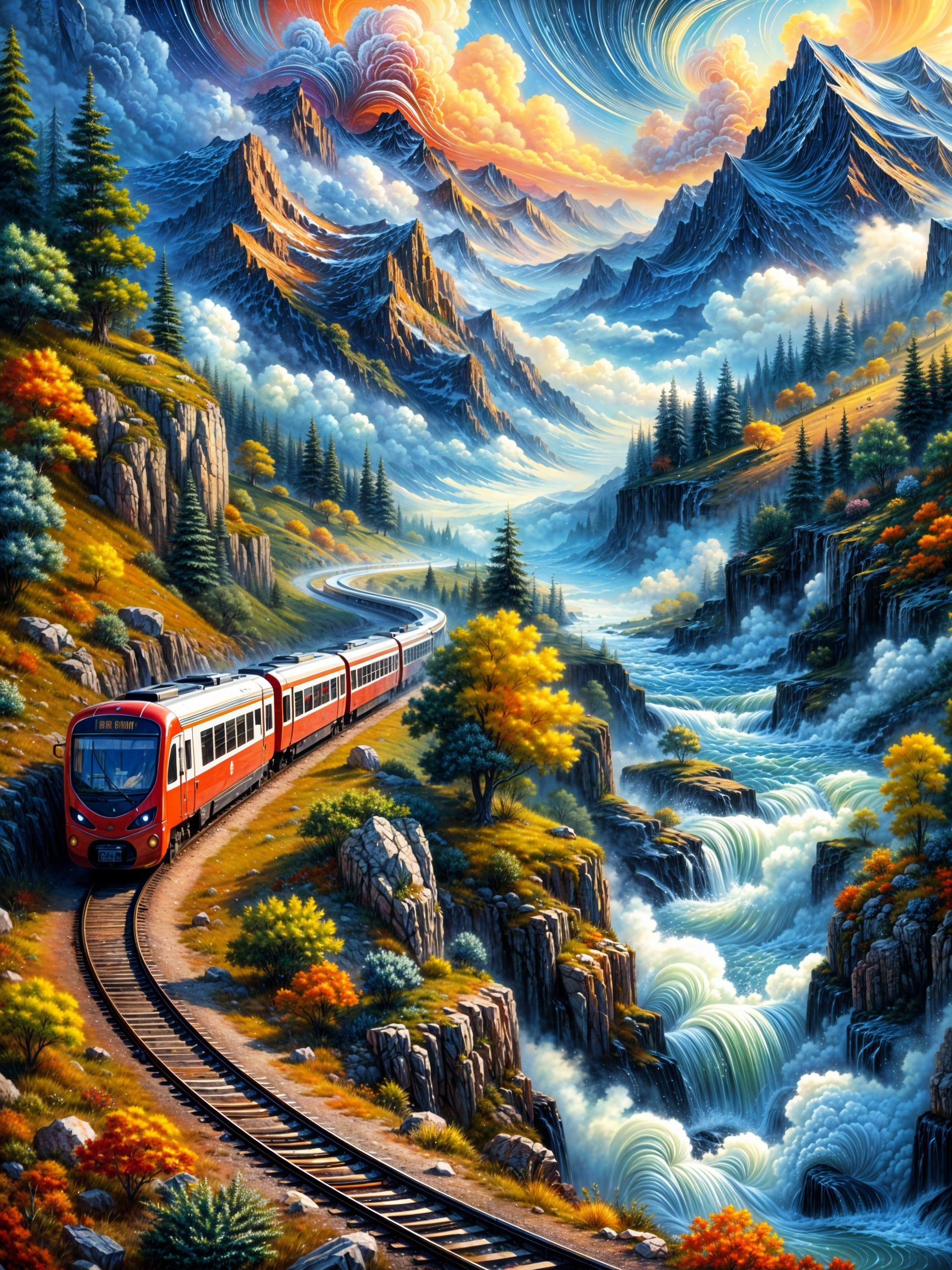 Vibrant Landscape with Red Train in Picturesque Valley