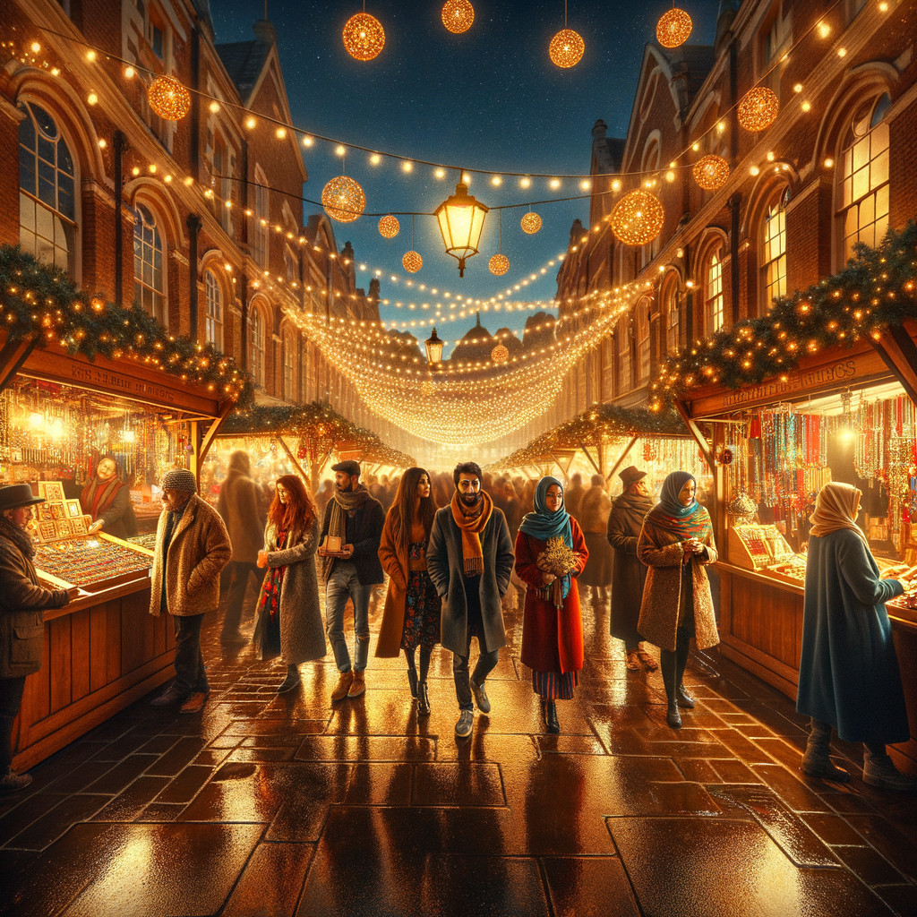 Vibrant Nighttime Festive Market Scene with Lights