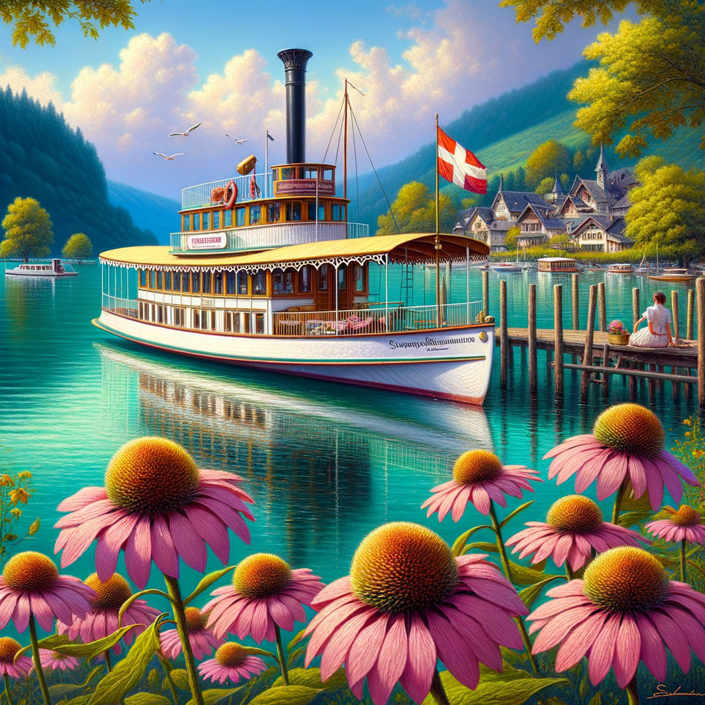 Paddle Steamer on Serene Lake with Mountain Backdrop