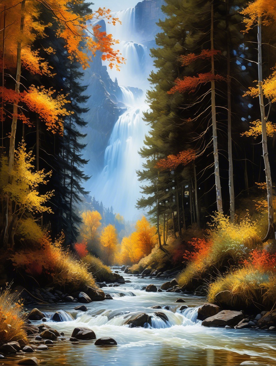 Majestic Waterfall Amidst Autumn Foliage Landscape