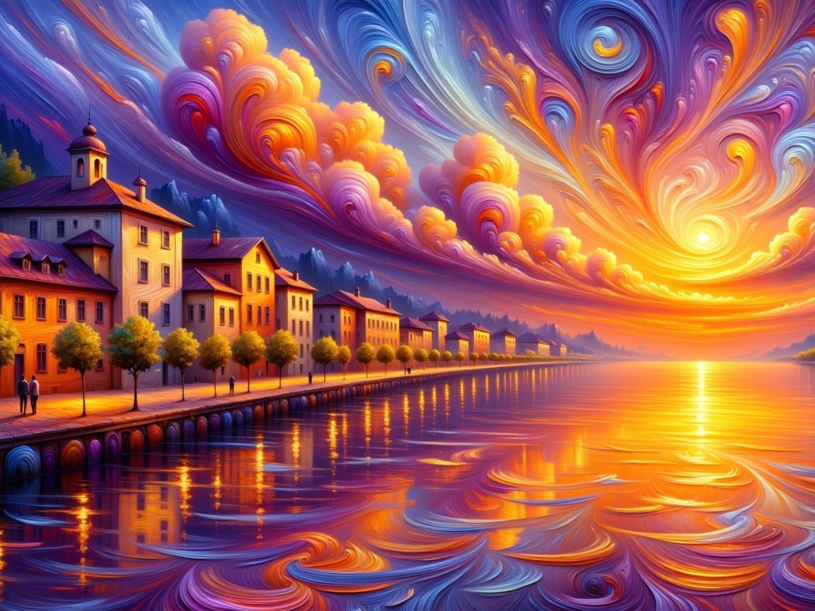 Vibrant Sunset Over Serene Lakeside Village Scene