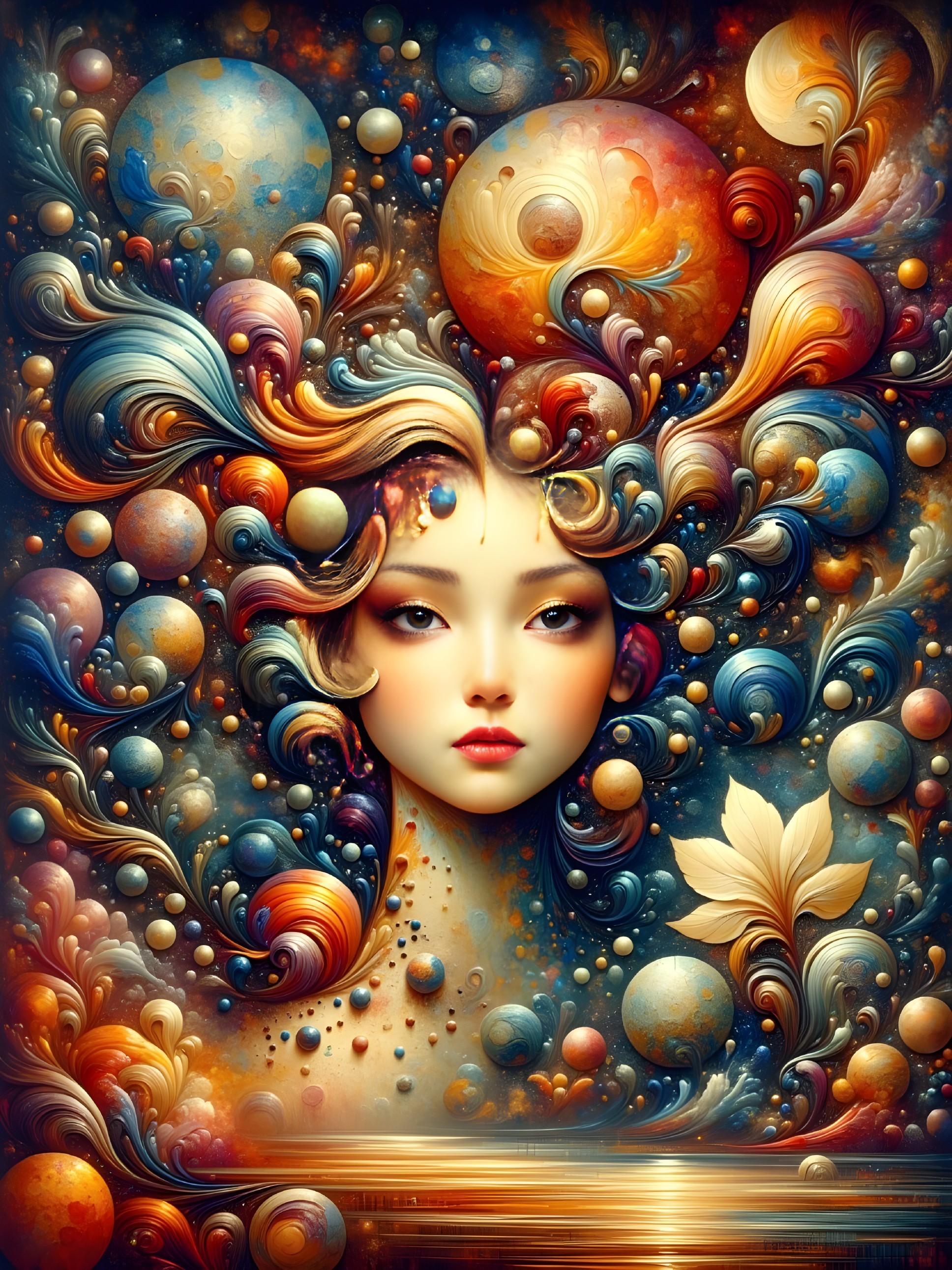 Surreal Portrait of Woman with Cosmic Hair Patterns