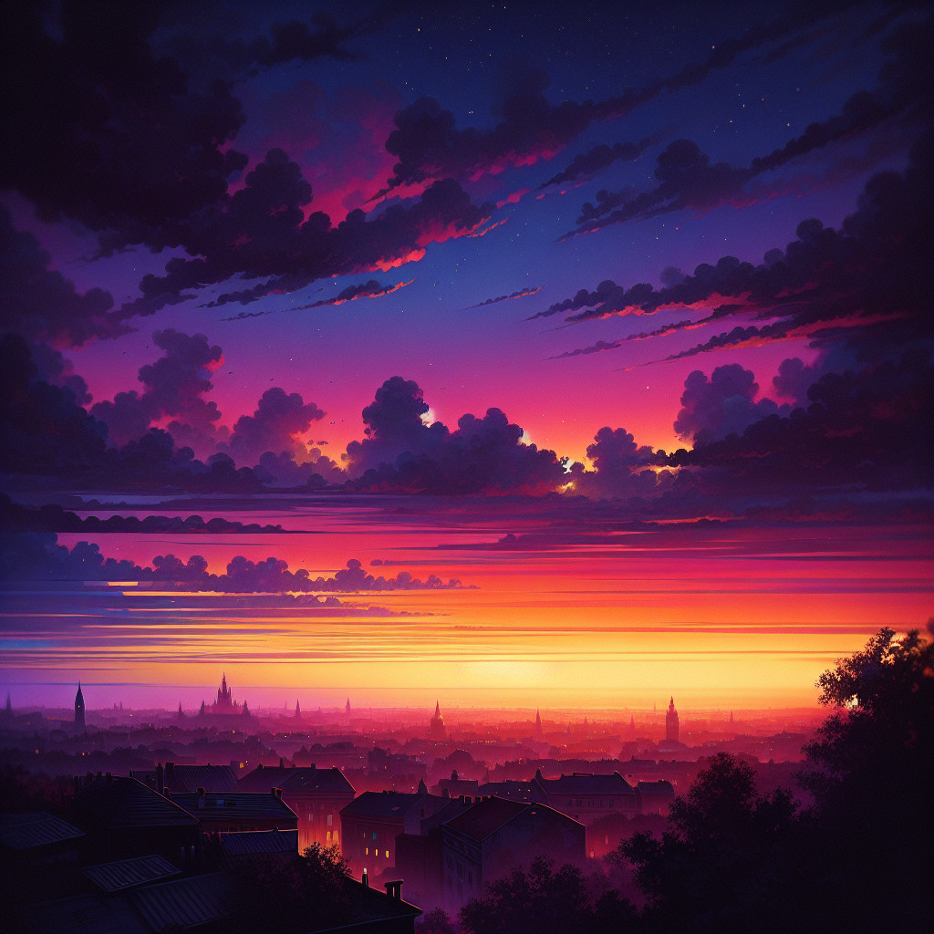 Vibrant Sunset Over Cityscape with Silhouetted Roofs