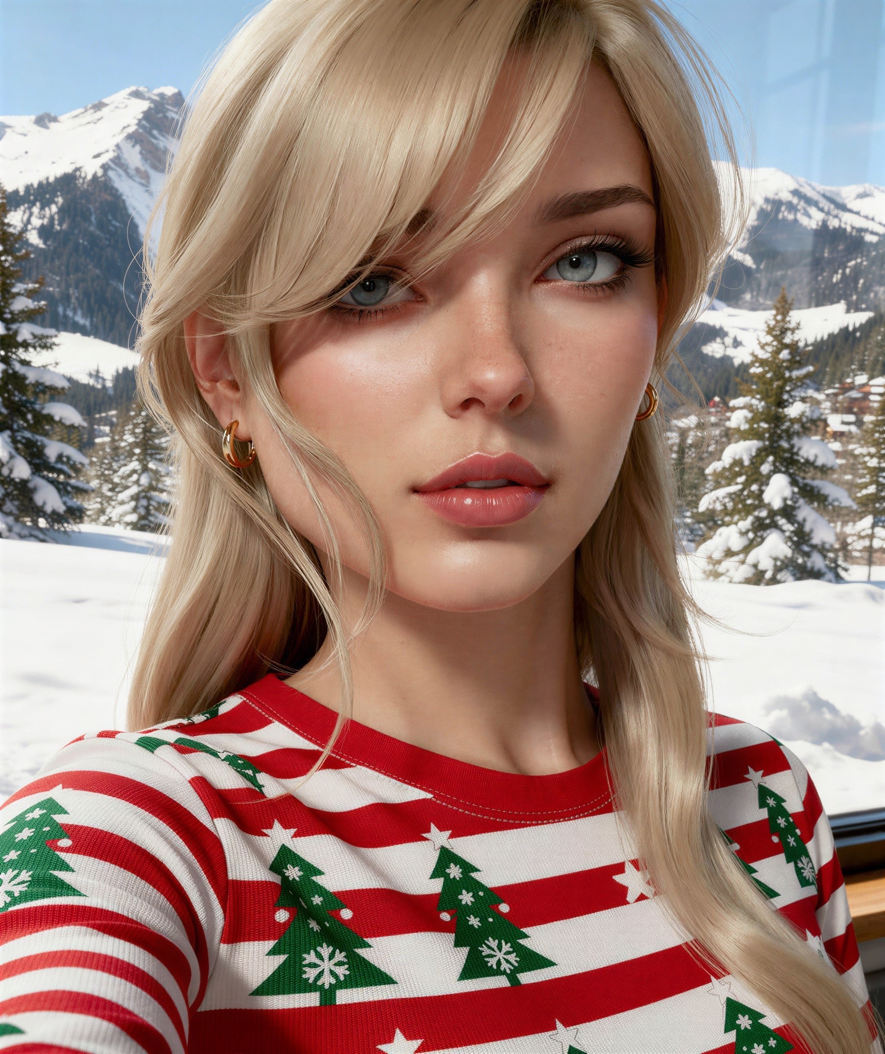 Close-up Selfie of Young Woman with Snowy Background