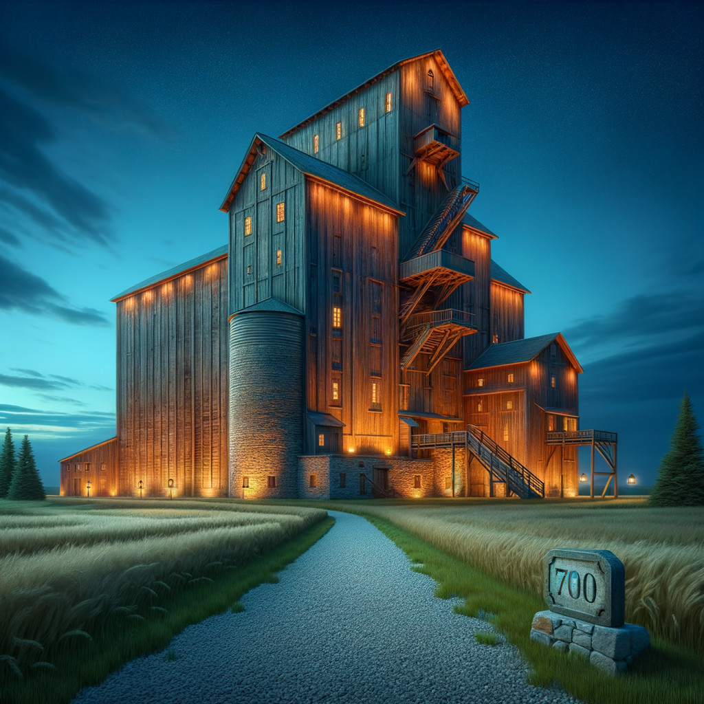 Multi-level wooden building at twilight with lights