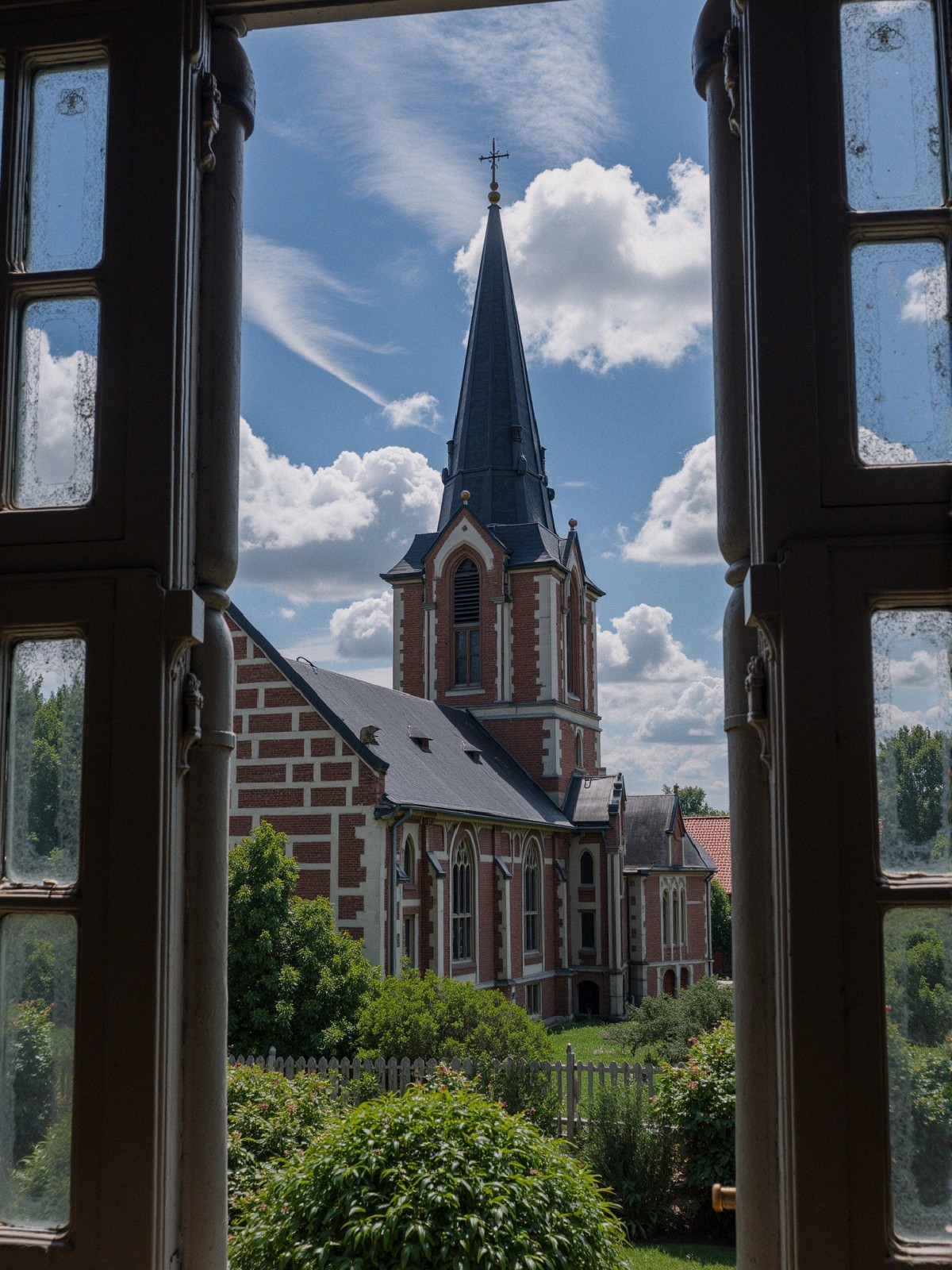 Charming Church with Steeple and Lush Surroundings