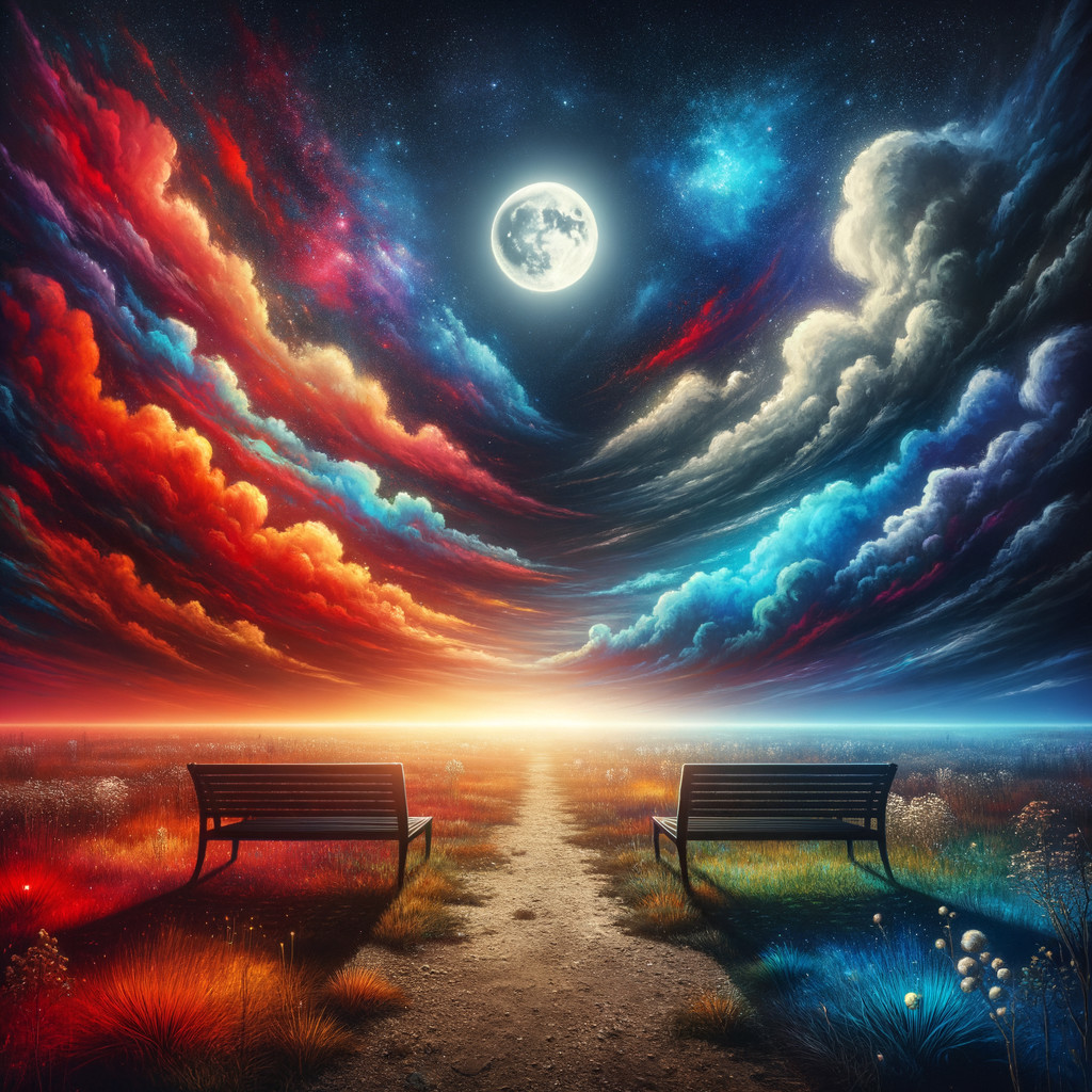 Surreal Landscape with Benches Under a Full Moon