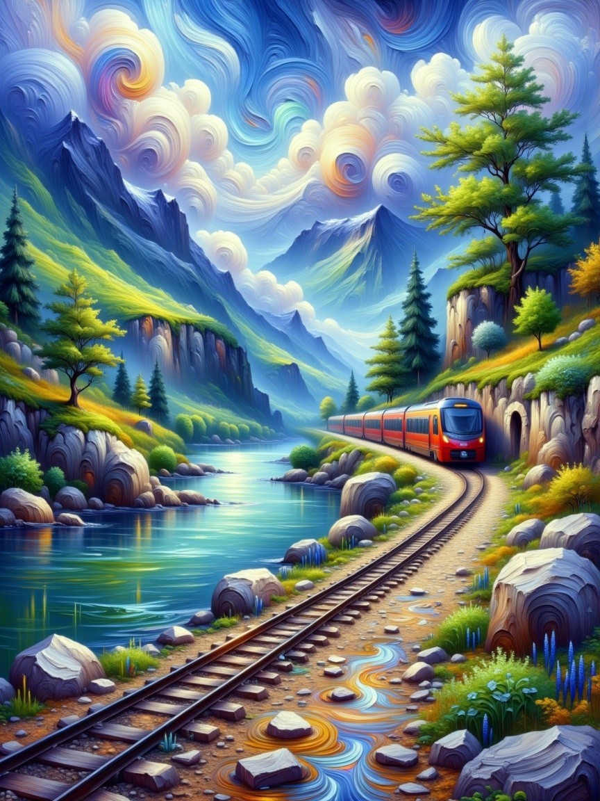 Vibrant Train on Winding Track by Serene River