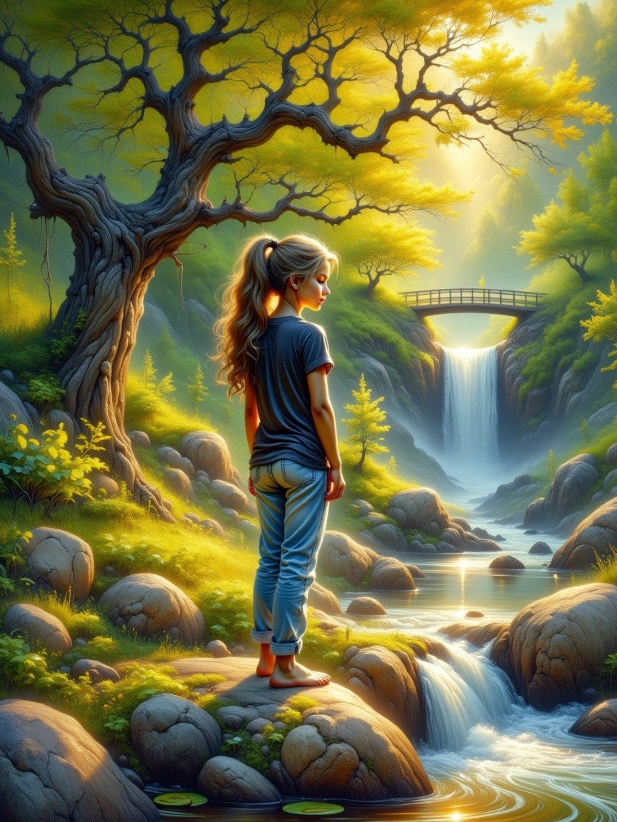 Young Girl by Waterfall in Lush Green Landscape