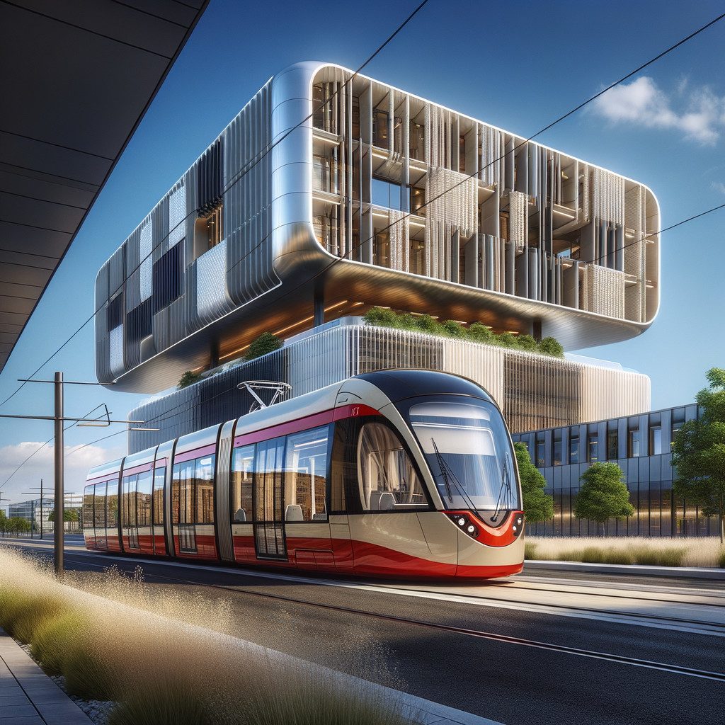 Modern Tram Next to Futuristic Building Design