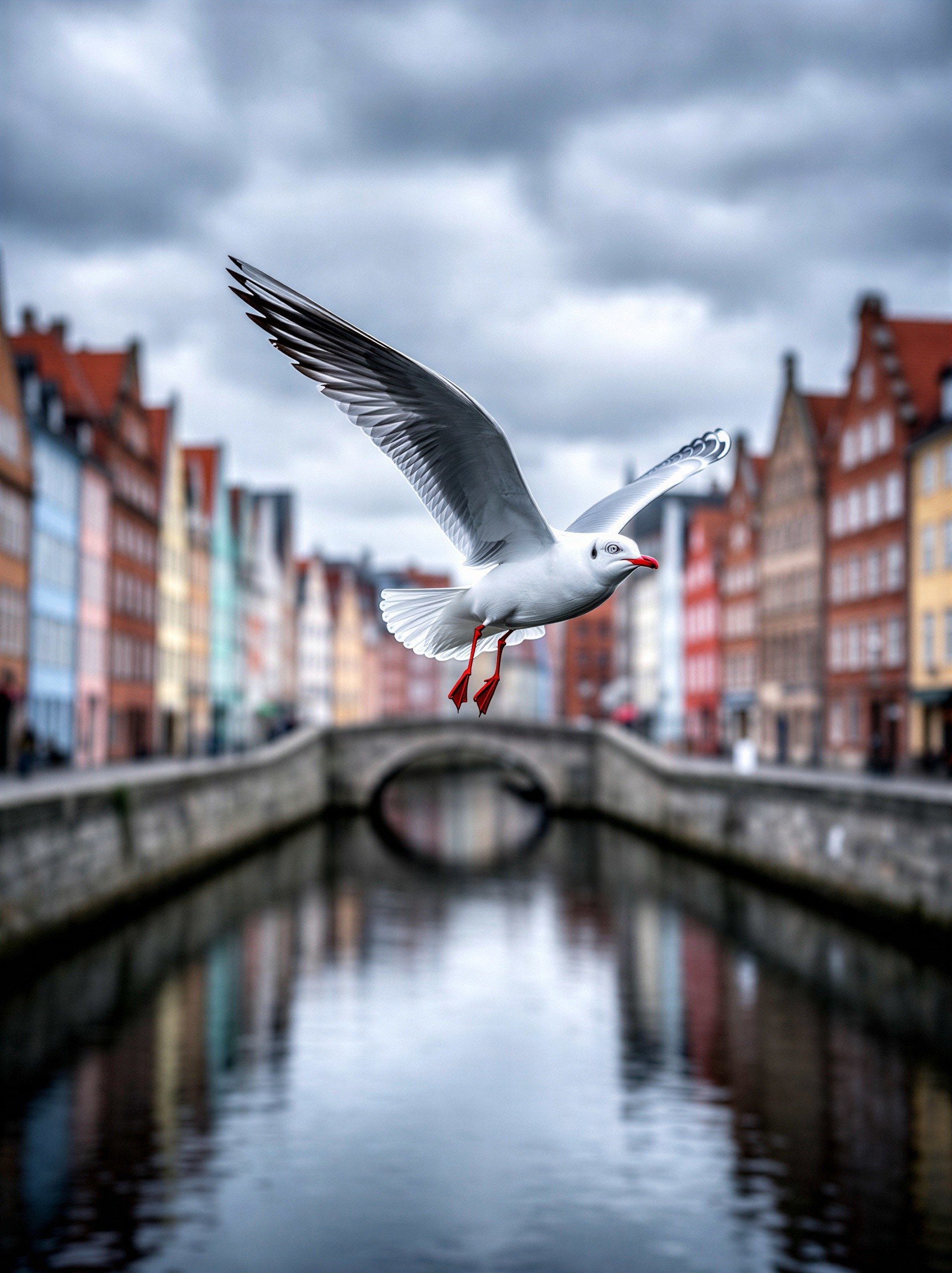 White Seagull Flying Over Bruges Canal and Buildings