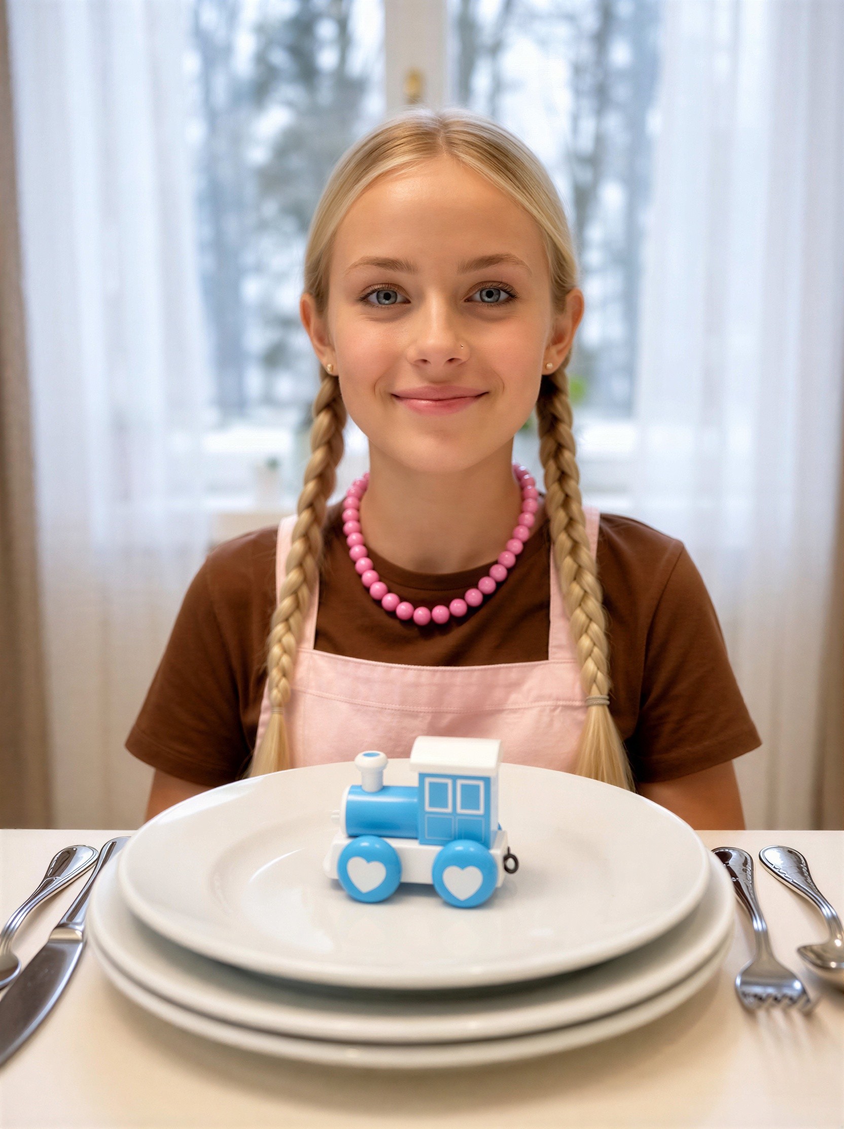 Portrait of a girl with braids at a dining table