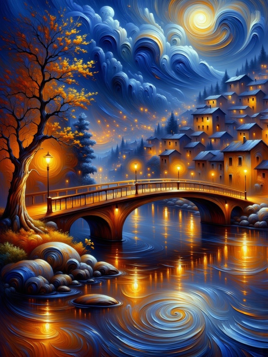 Serene landscape with vibrant bridge over shimmering river