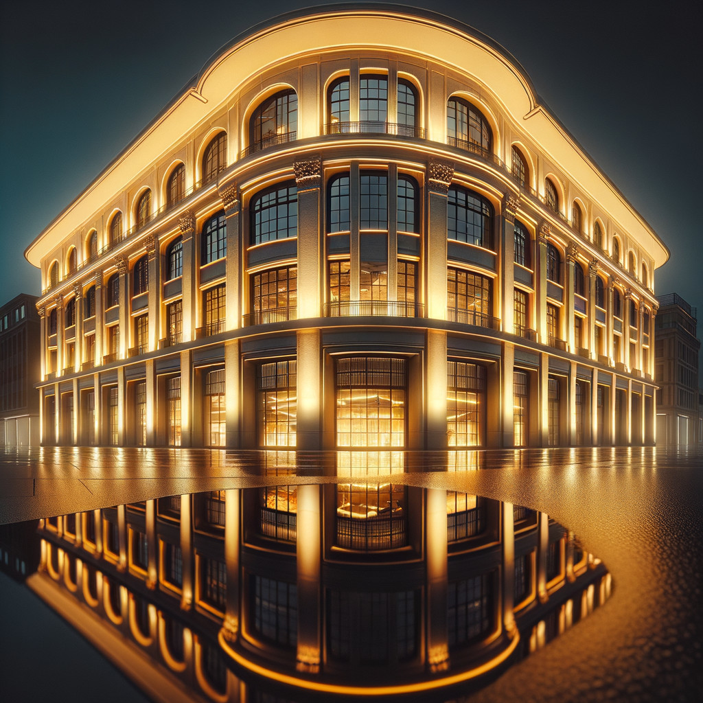 Illuminated Building with Rounded Facade at Twilight