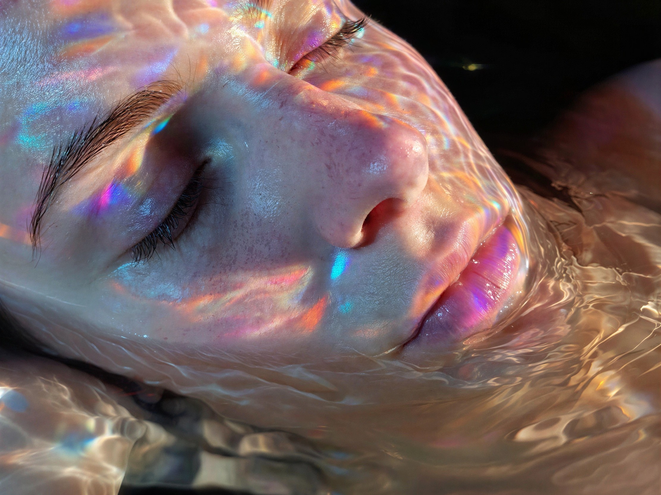 Close-up of a submerged head with rainbow light patterns