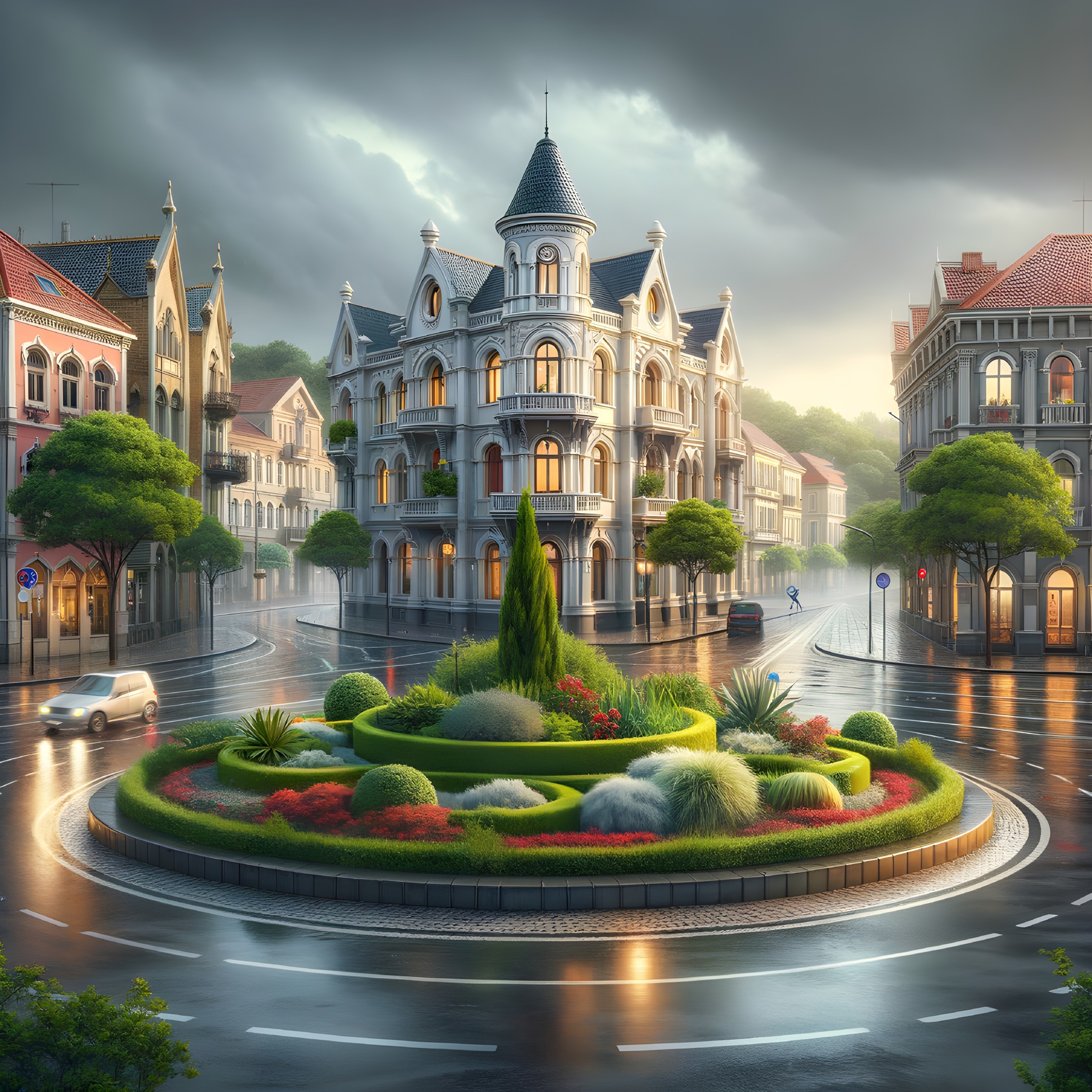 Picturesque City Square with Elegant Building and Garden