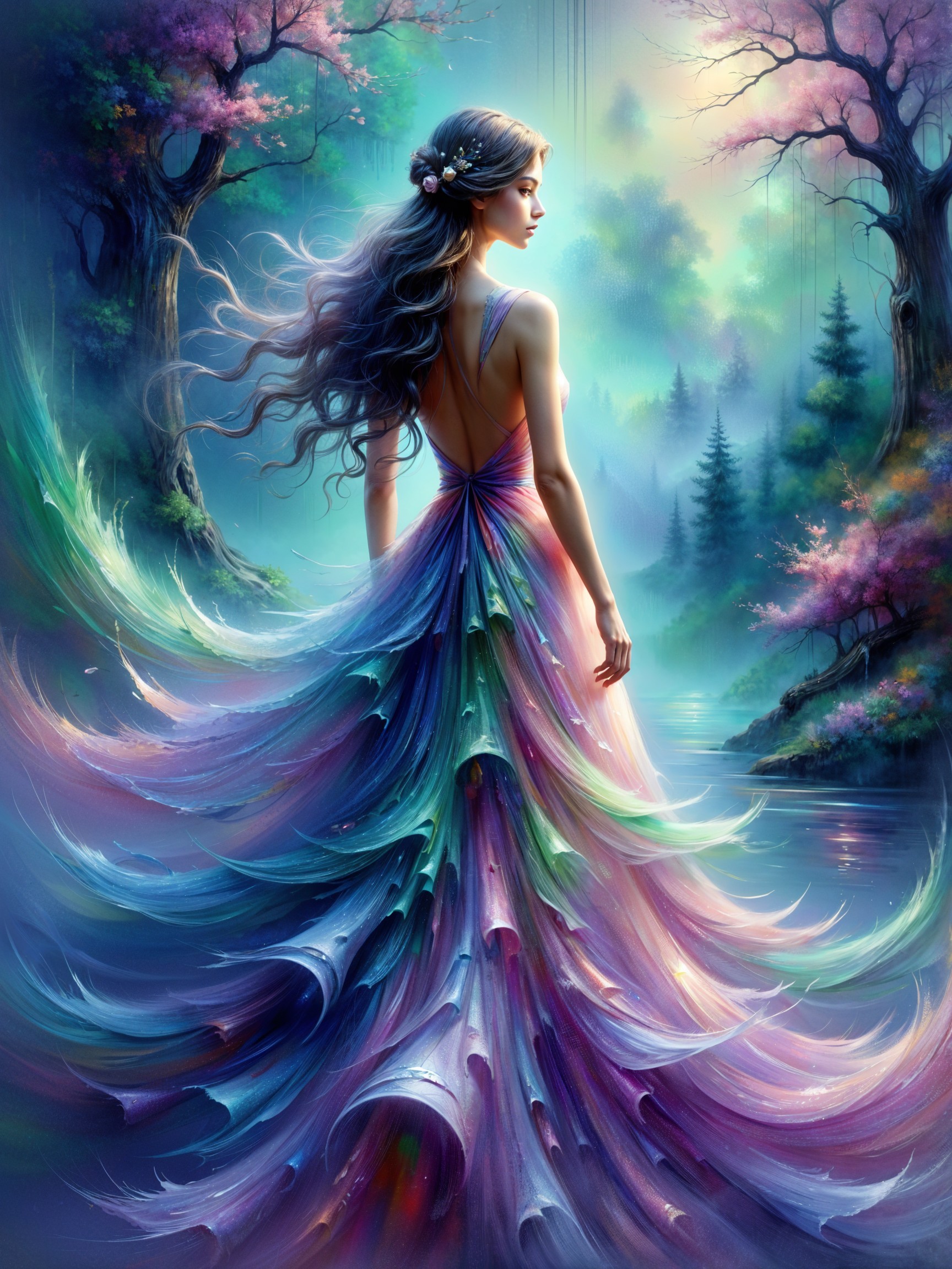 Serene Woman by Tranquil Lake in Ethereal Gown