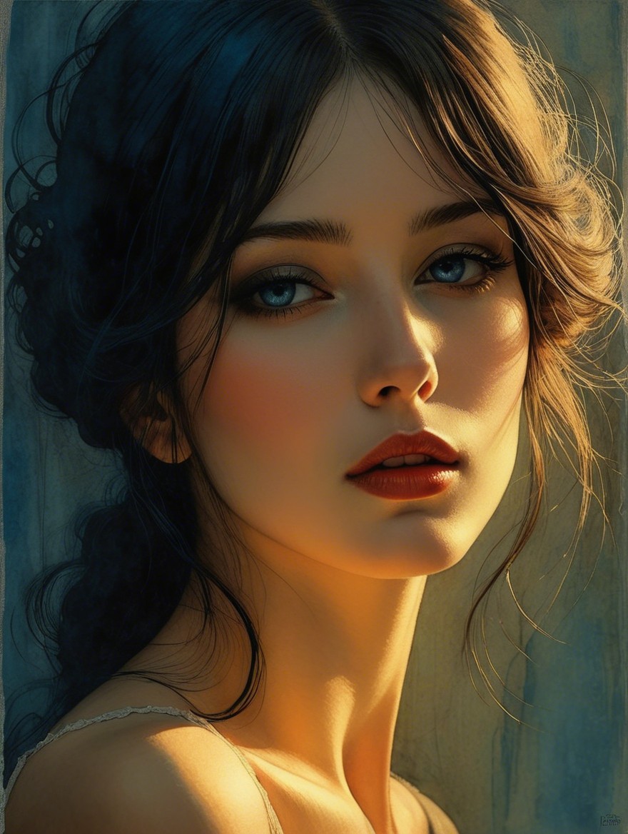 Young woman with blue eyes and dark hair in soft light