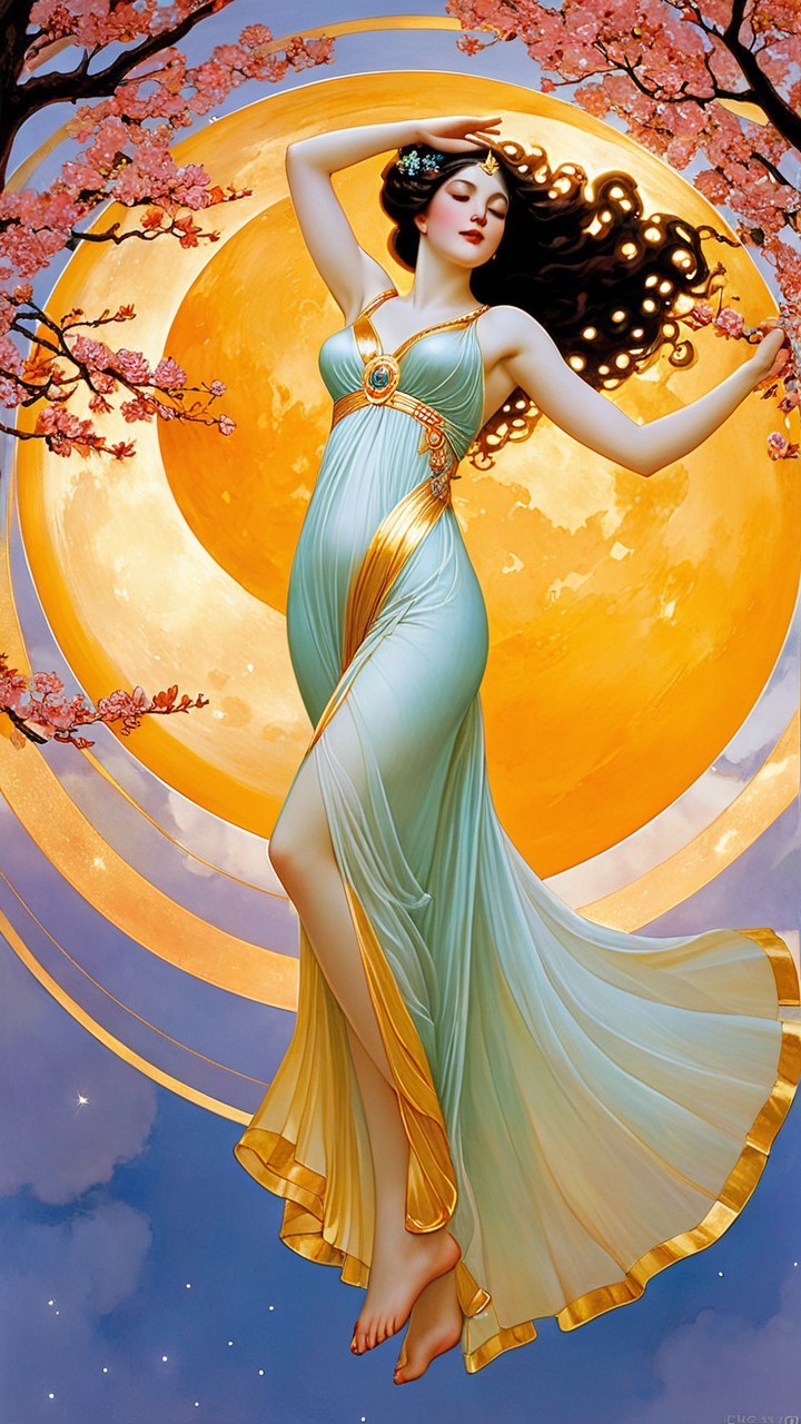 Woman in flowing gown under a golden moon with blossoms