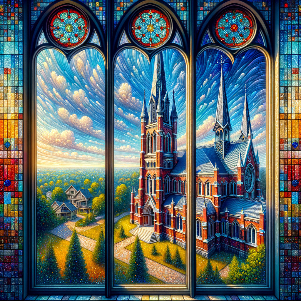 Stained Glass Window of Church Surrounded by Nature