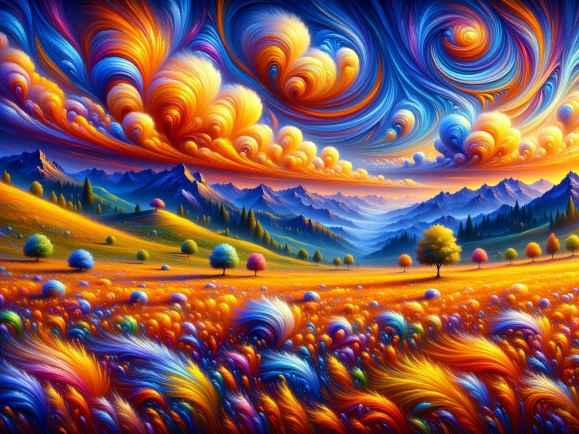 Vibrant Landscape with Colorful Swirling Clouds