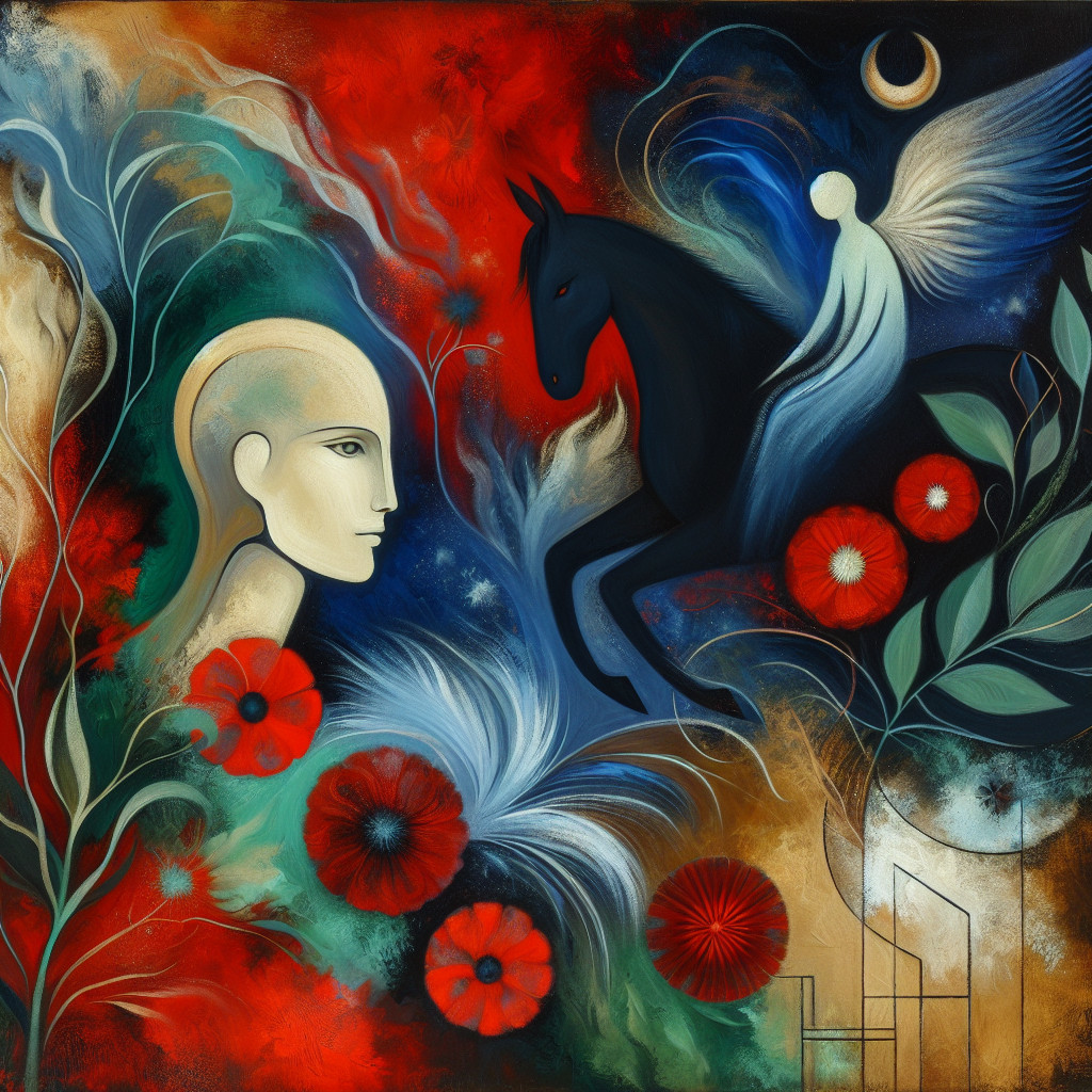 Surreal Artwork with Faceless Figure and Majestic Horse