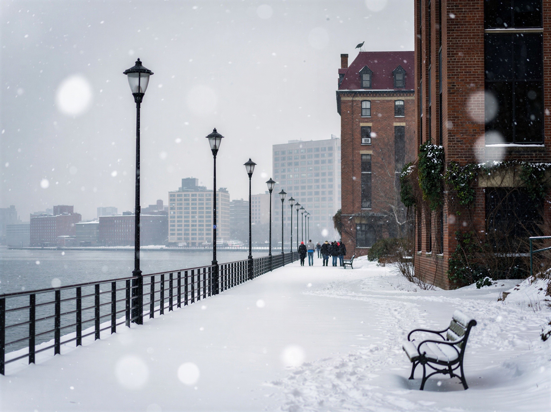 Urban Snowscape with People Walking on Snowy Path