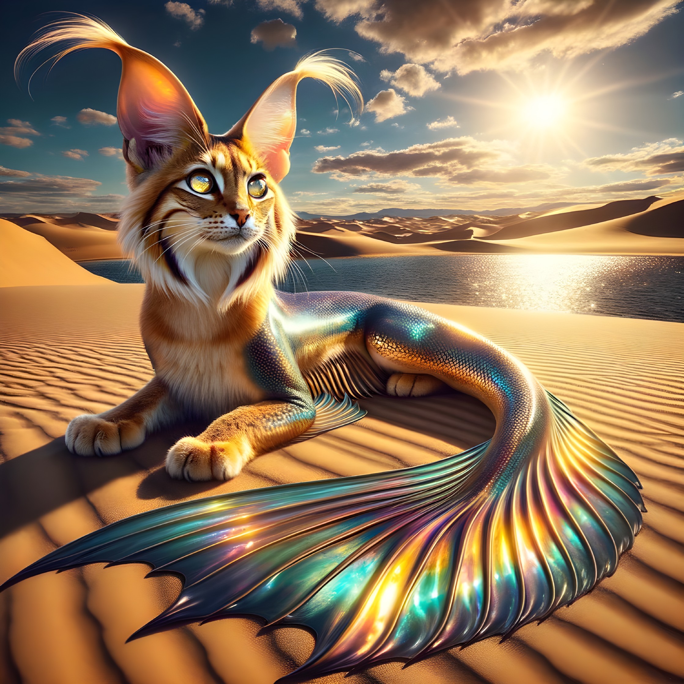 Majestic Cat-Mermaid Hybrid on Golden Sands