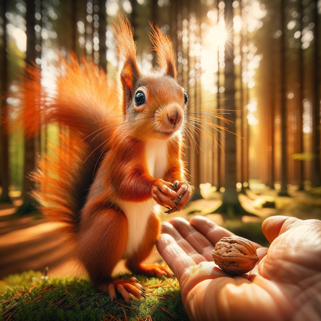 Curious Squirrel in Sunlit Forest with Walnut