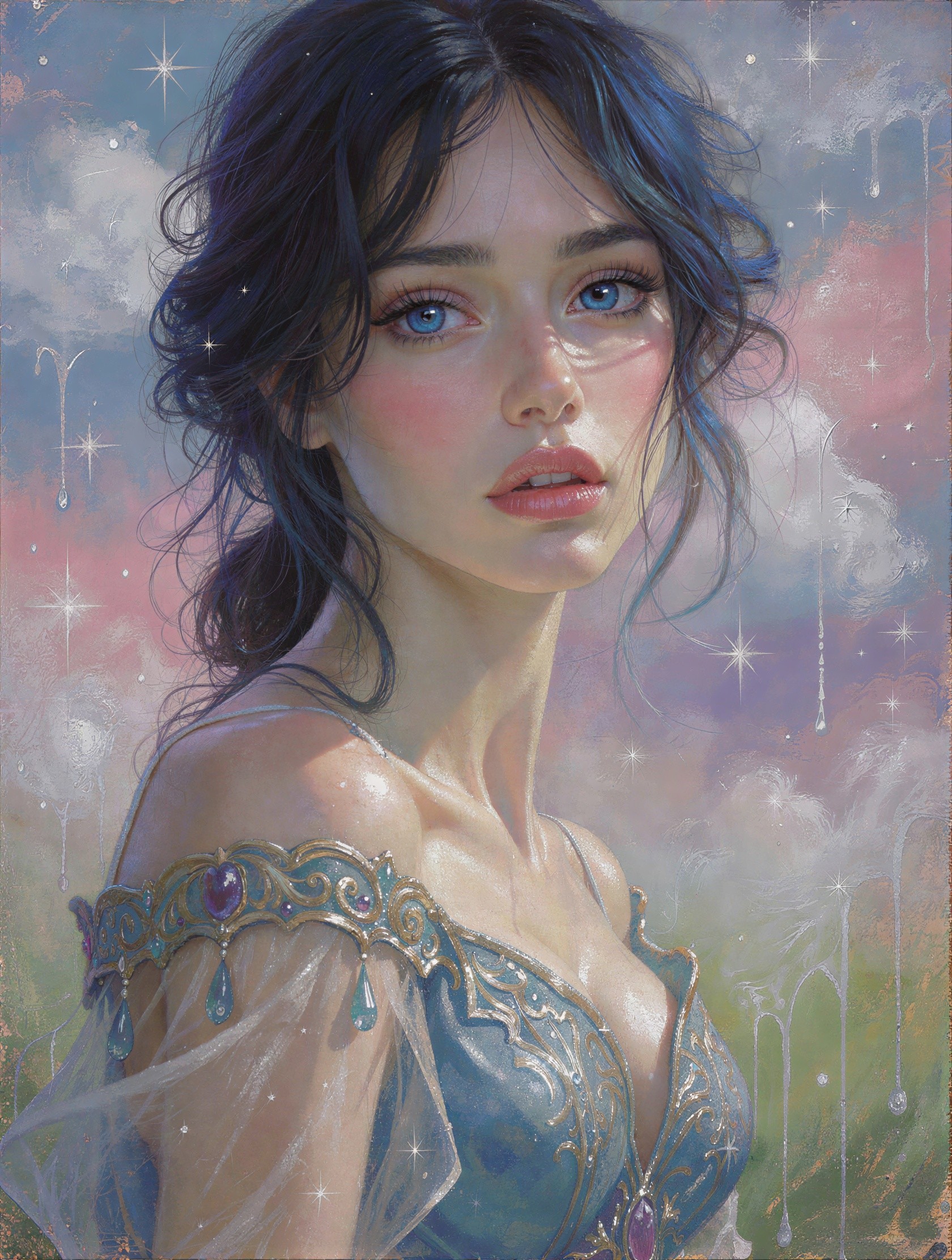 Portrait of a Young Woman in Ornate Blue Dress