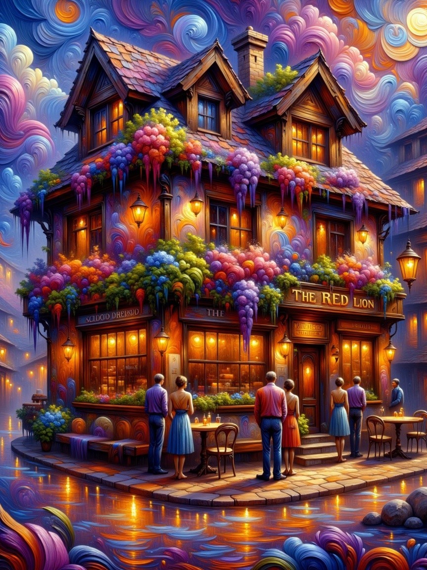 Whimsical Pub Surrounded by Colorful Clouds and Ivy