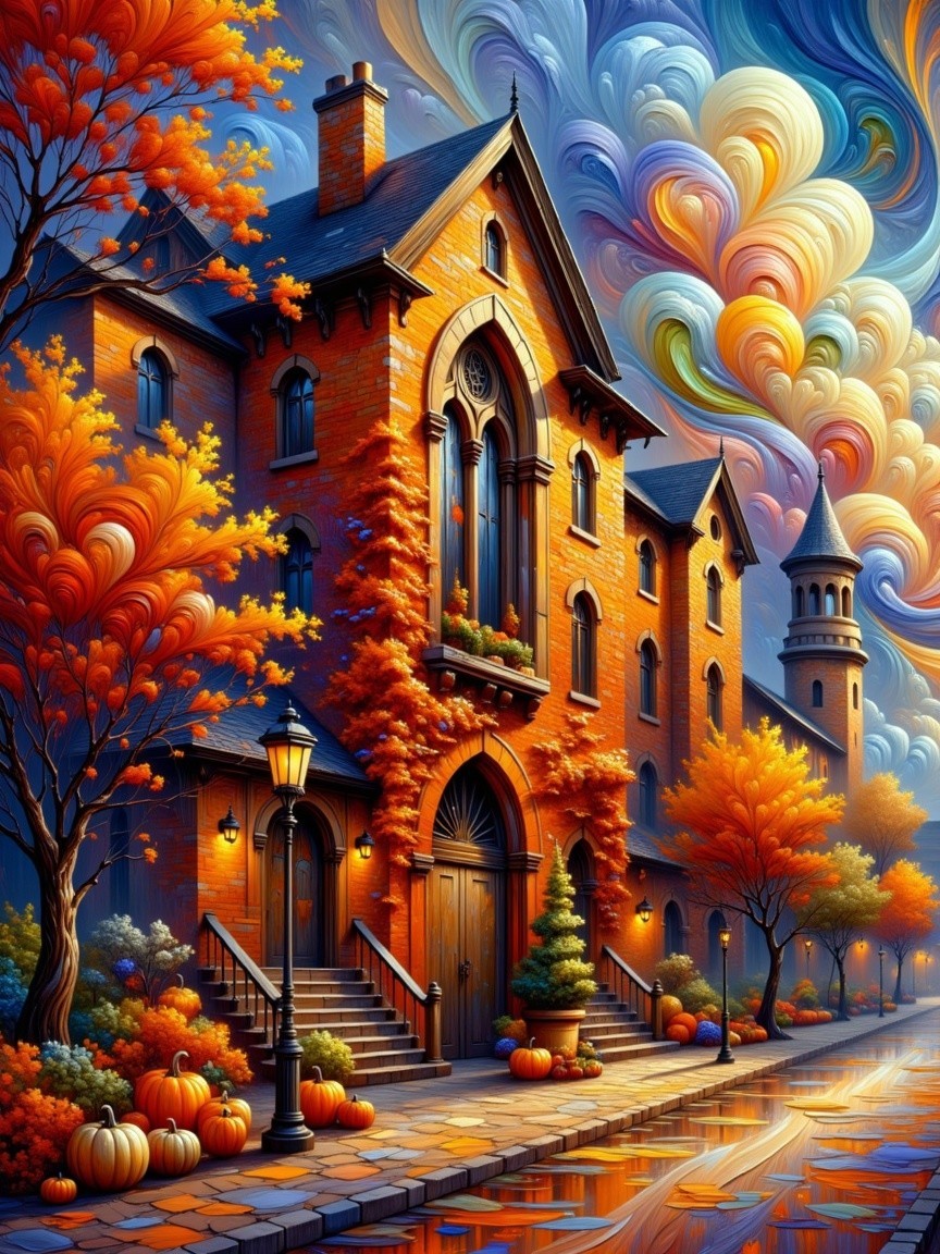 Vibrant Autumn Scene with Grand Brick Building