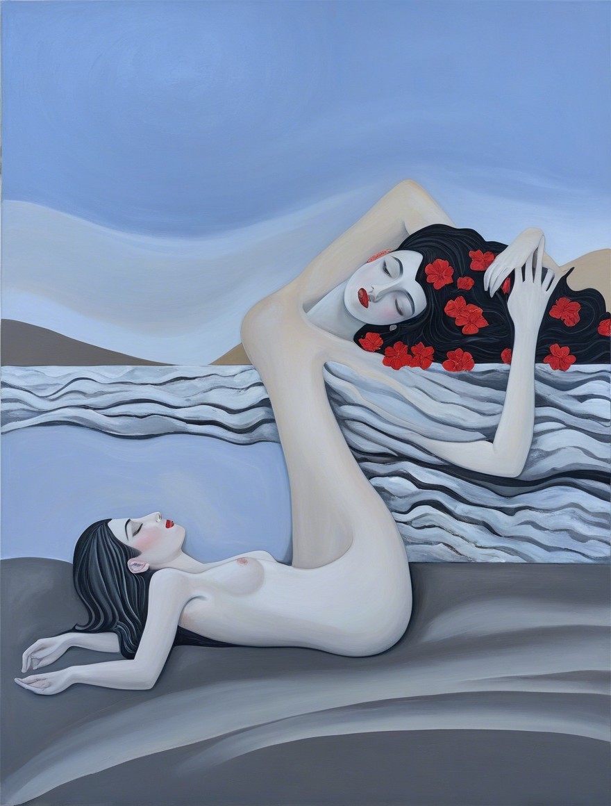 Elongated Figures in Serene Blue and Neutral Tones