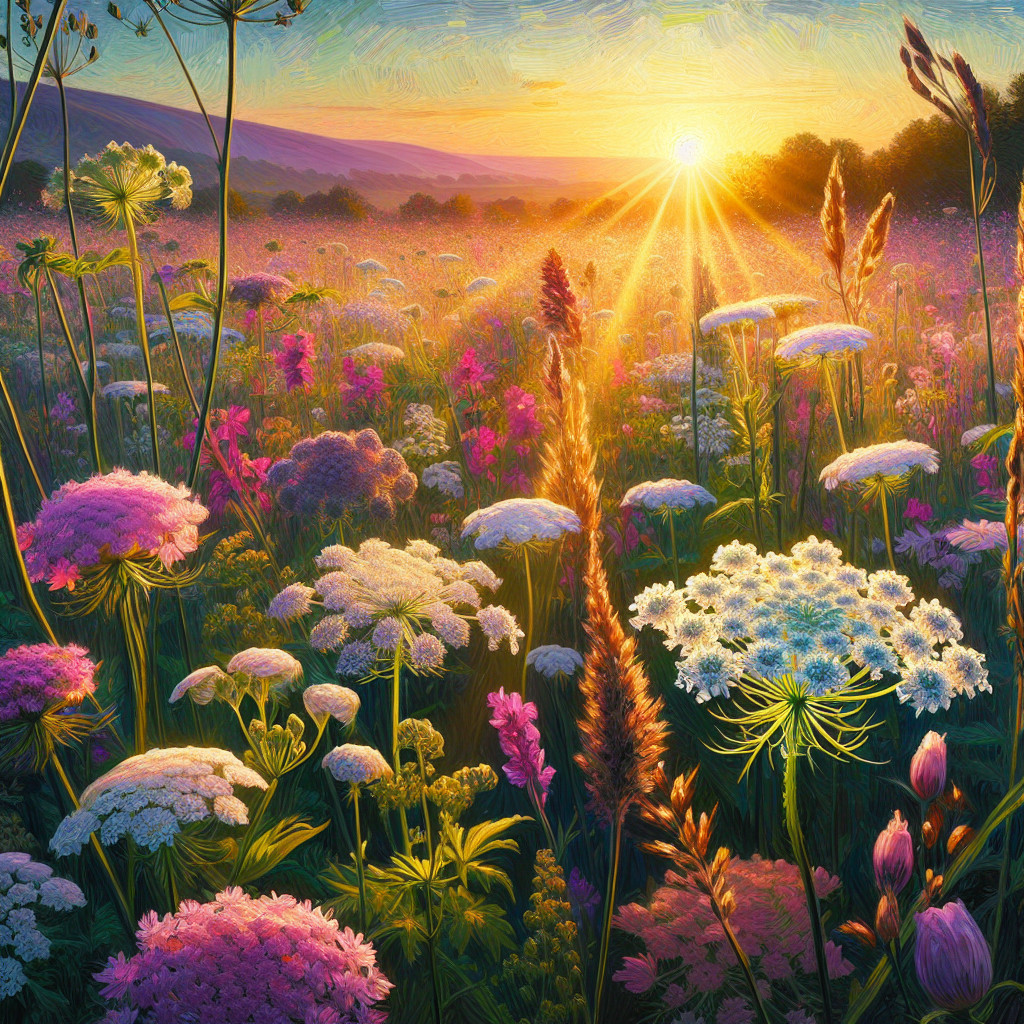 Vibrant Meadow at Sunrise with Wildflowers and Grasses
