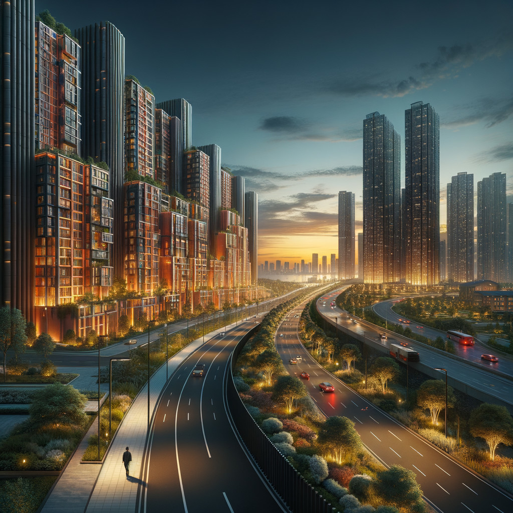 Modern Urban Landscape at Sunset with Skyscrapers