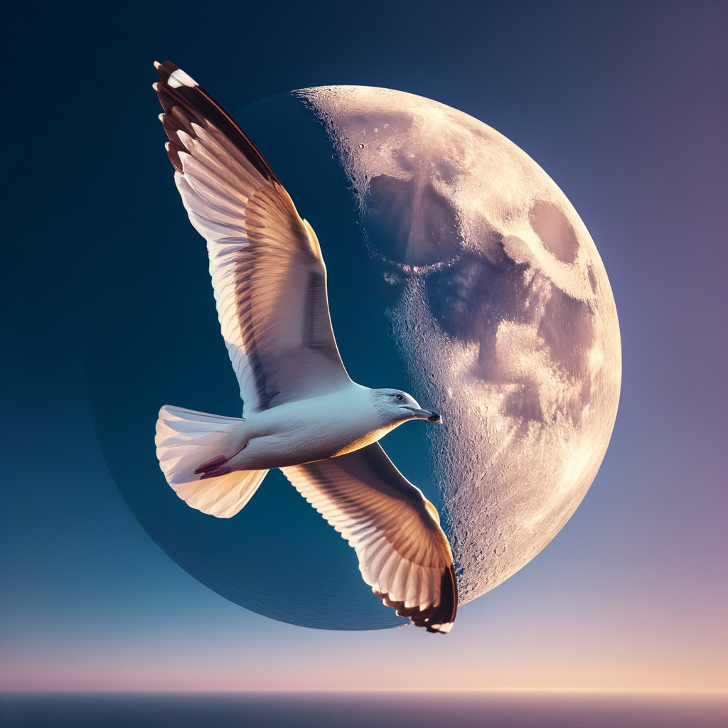 White Seagull in Sunrise Sky with Gibbous Moon