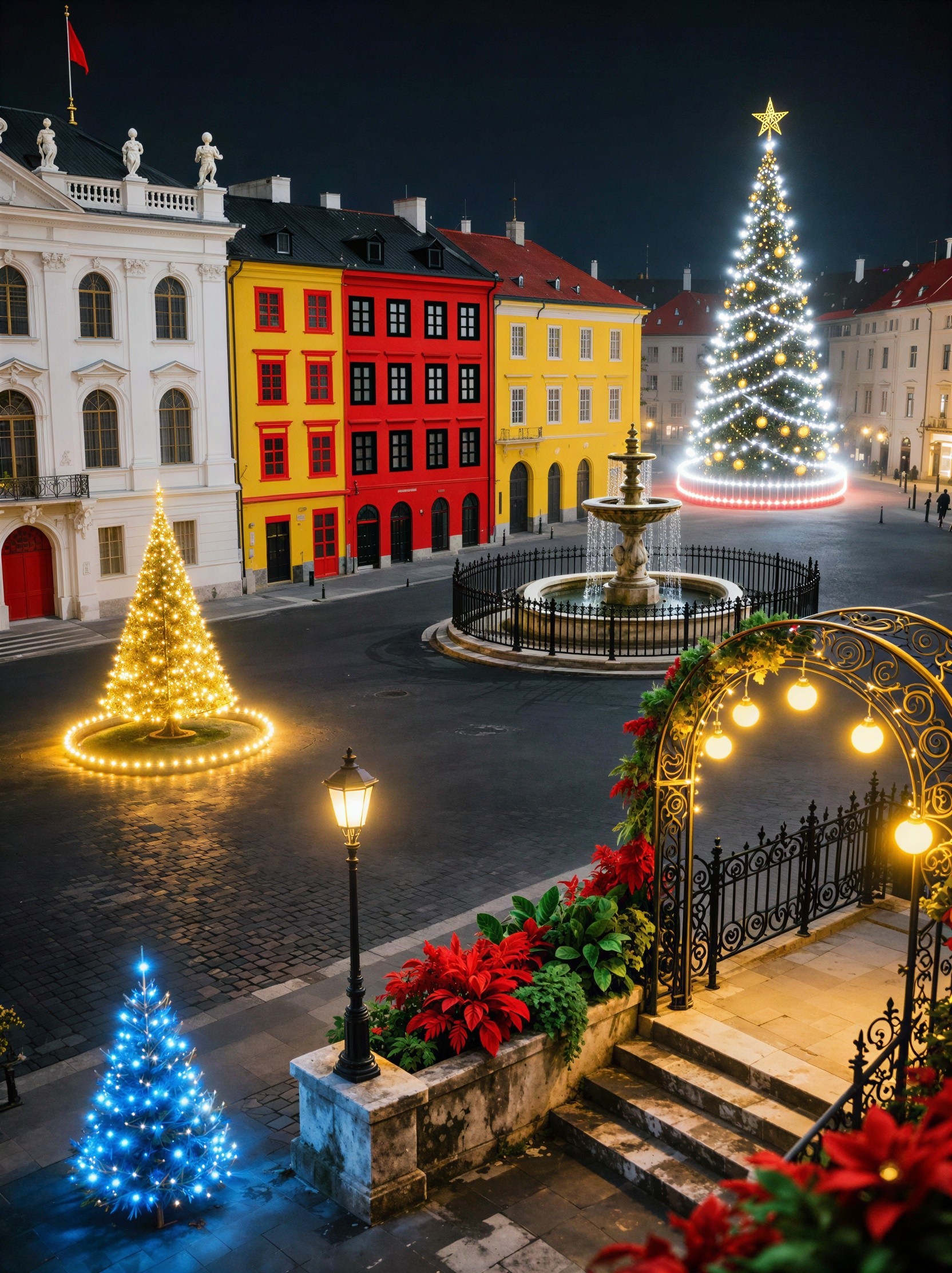 Vibrant Winter Night Scene in European Town Square