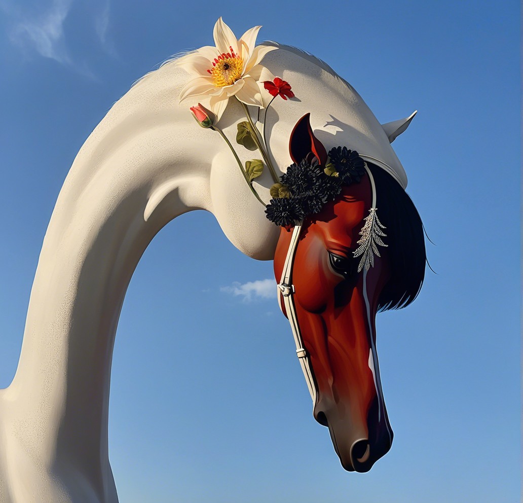Stylized Horse Head with Flowers Against Blue Sky