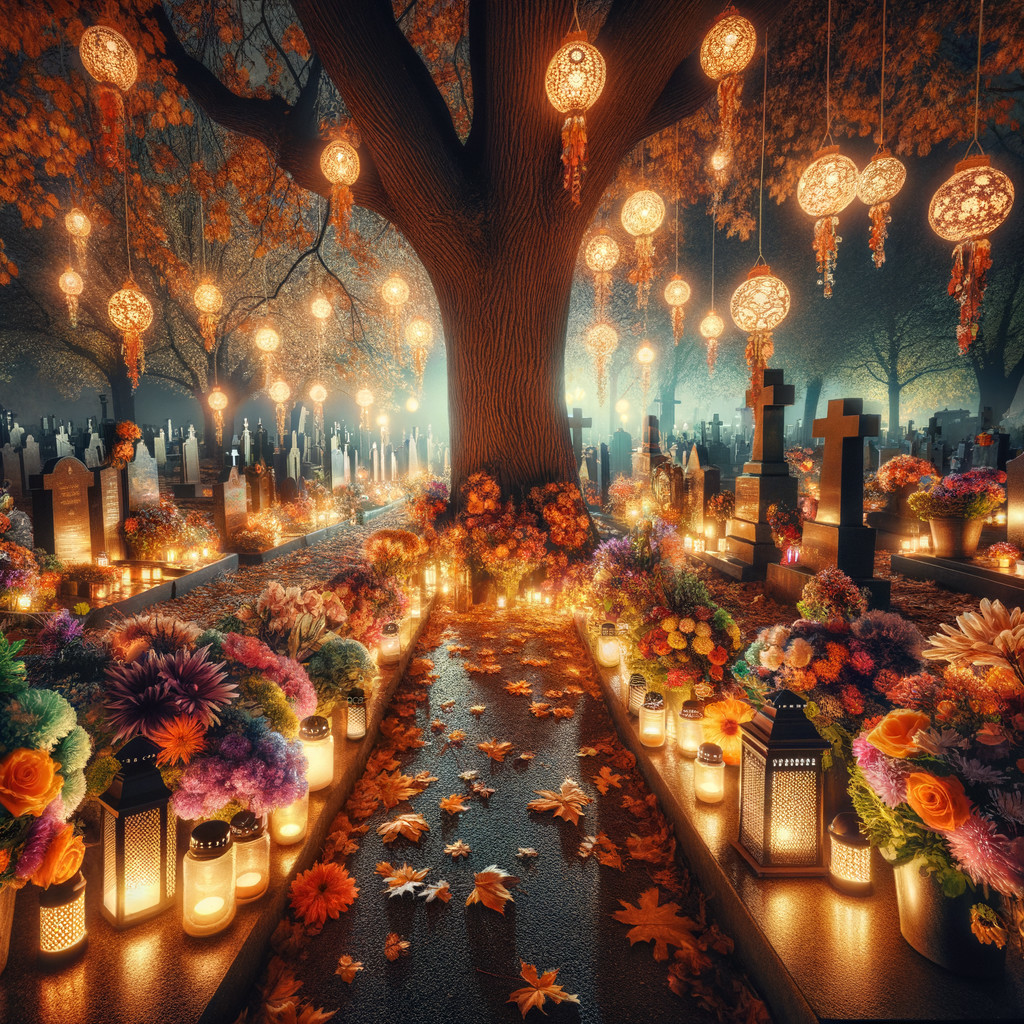 Enchanting Graveyard Scene with Lanterns and Leaves